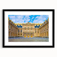 Colorful abstract art print of Versailles scenery in vibrant hues, framed in black, ideal for living room decor.