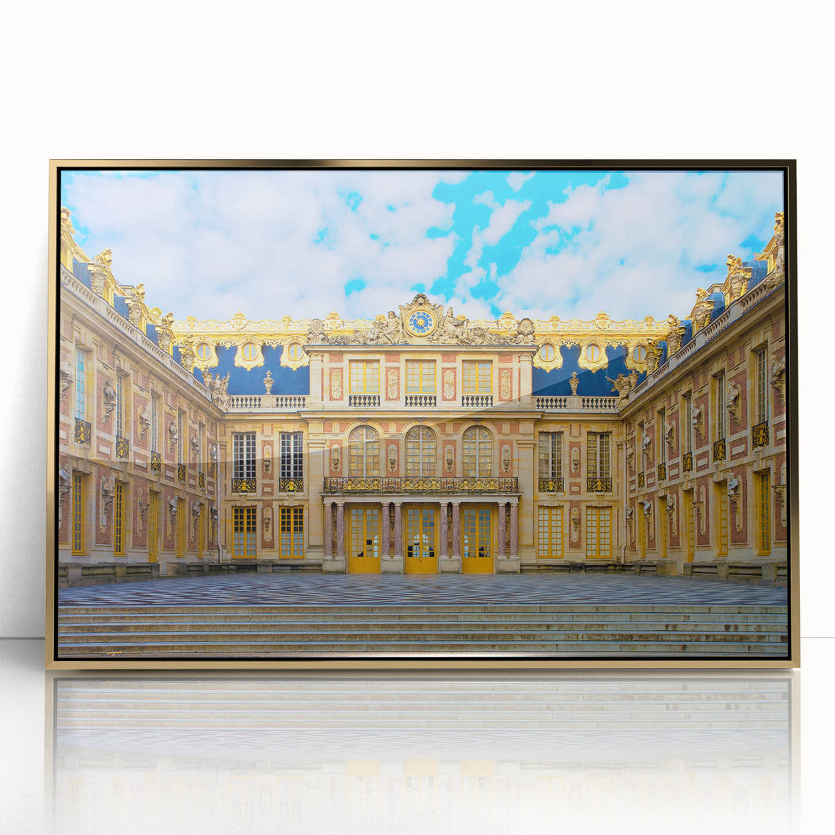 Art deco poster of the Versailles scenery in gold and blue tones, acrylic framed, suitable for modern art wall decor.