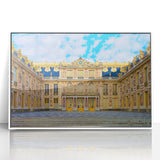 Mid-century modernist art of Versailles scenery in muted pastel shades on a white framed acrylic.