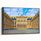 Black and white vintage poster art of Versailles landscape on framed canvas, ideal for bedroom decor.