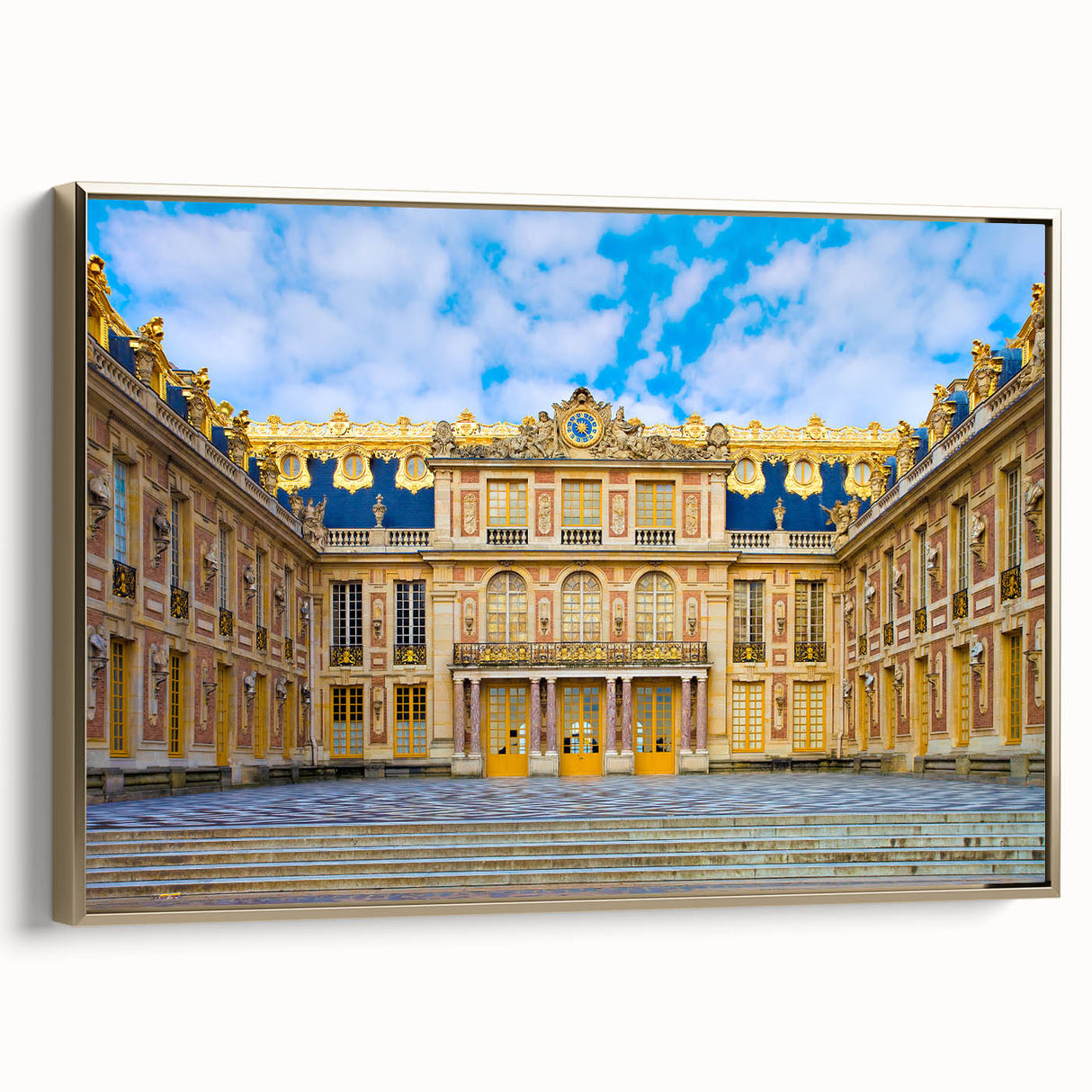 Framed canvas depicting a vintage-style landscape of Versailles, with muted earth tones, ideal for bedroom wall art.