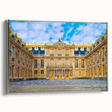Landscape art painting of the Versailles gardens in muted green and blue tones on a framed canvas.