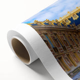 Art Deco poster of Versailles scenery on rolled canvas, featuring muted pastel shades, ideal for nursery wall art.