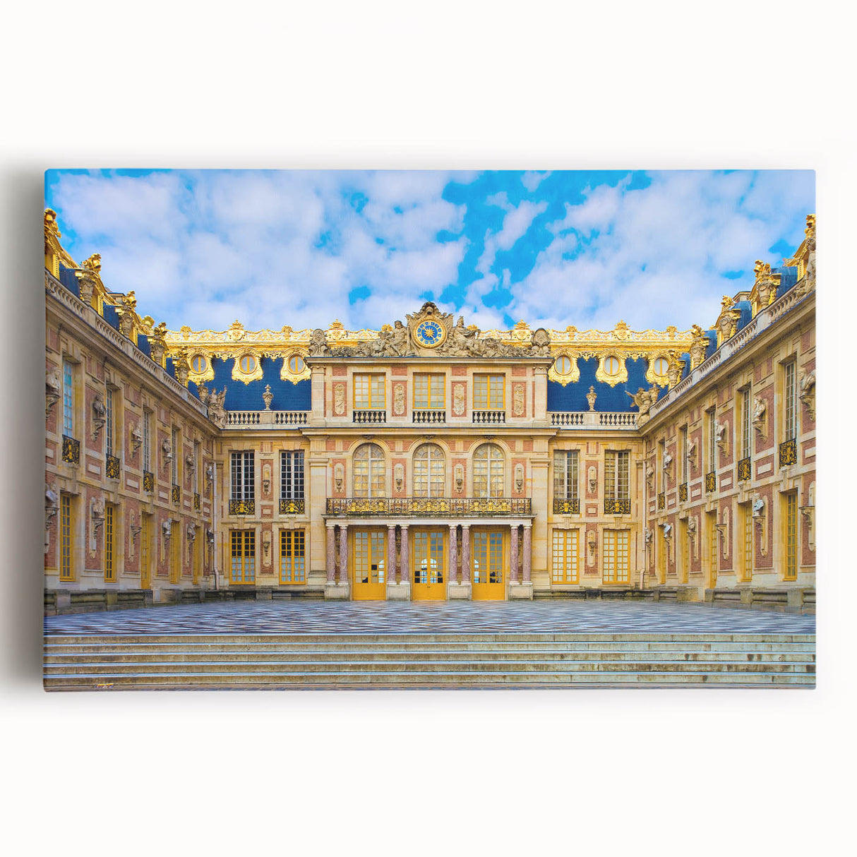 Black and white print of the Versailles Palace gardens on stretched canvas, suitable as large kitchen wall art.