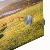 Mid-century modernist art of Bavarian landscape in muted earth tones on acrylic glass, ideal for dining room art.