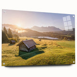 Acrylic print of a Bavarian landscape in muted green and blue tones, suitable for dining room decor.