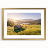 Abstract art print of a Bavarian landscape in muted earth tones on a framed canvas, suitable for dining room decor.