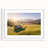 Textured art depicting a serene Bavarian landscape in muted earth tones, framed with a white mat, ideal for bedroom art.