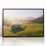 Large abstract wall art depicting a Bavarian landscape in muted earth tones on a black framed acrylic.