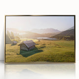 Acrylic print of a Bavarian landscape in muted greens and blues, framed in gold, suitable for modern art wall decor.