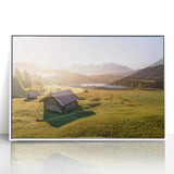 Mid-century modernist art of Bavarian landscape, framed acrylic with muted earth tones, ideal for nursery wall art.