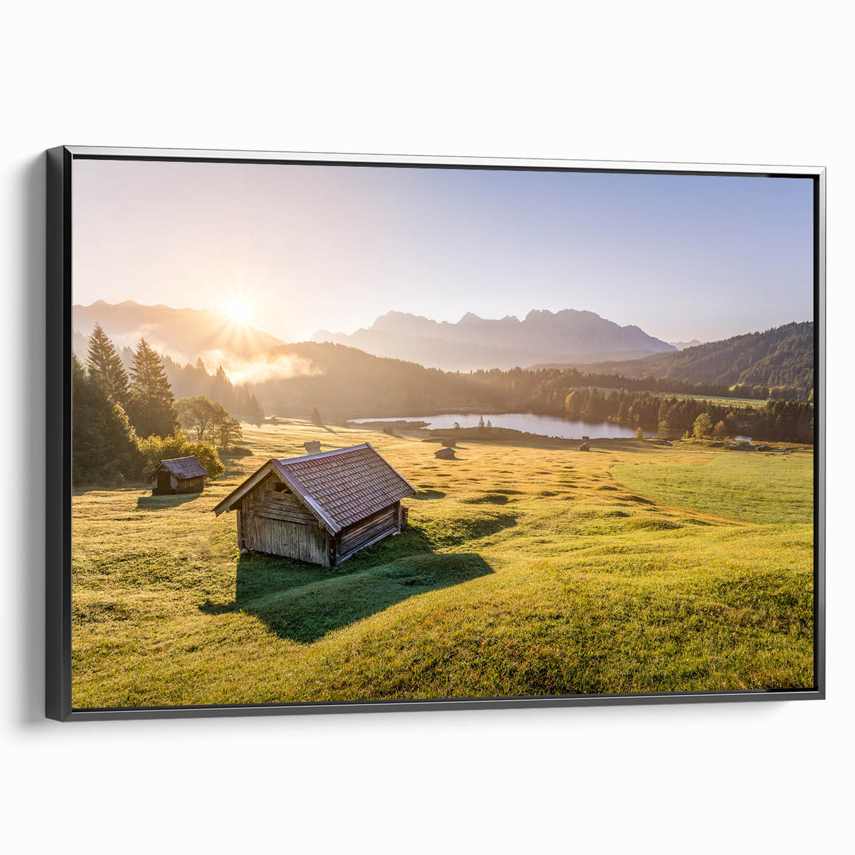 Black and white landscape art painting of Bavarian scenery on framed canvas, ideal for bedroom wall decor.