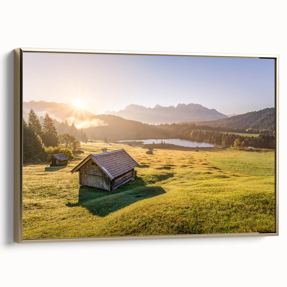 Framed canvas depicting a vintage-style Bavarian landscape in black and gold tones, ideal for bedroom wall art.
