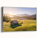 Framed canvas of a Bavarian landscape painting in colorful art style, ideal for living room decor.