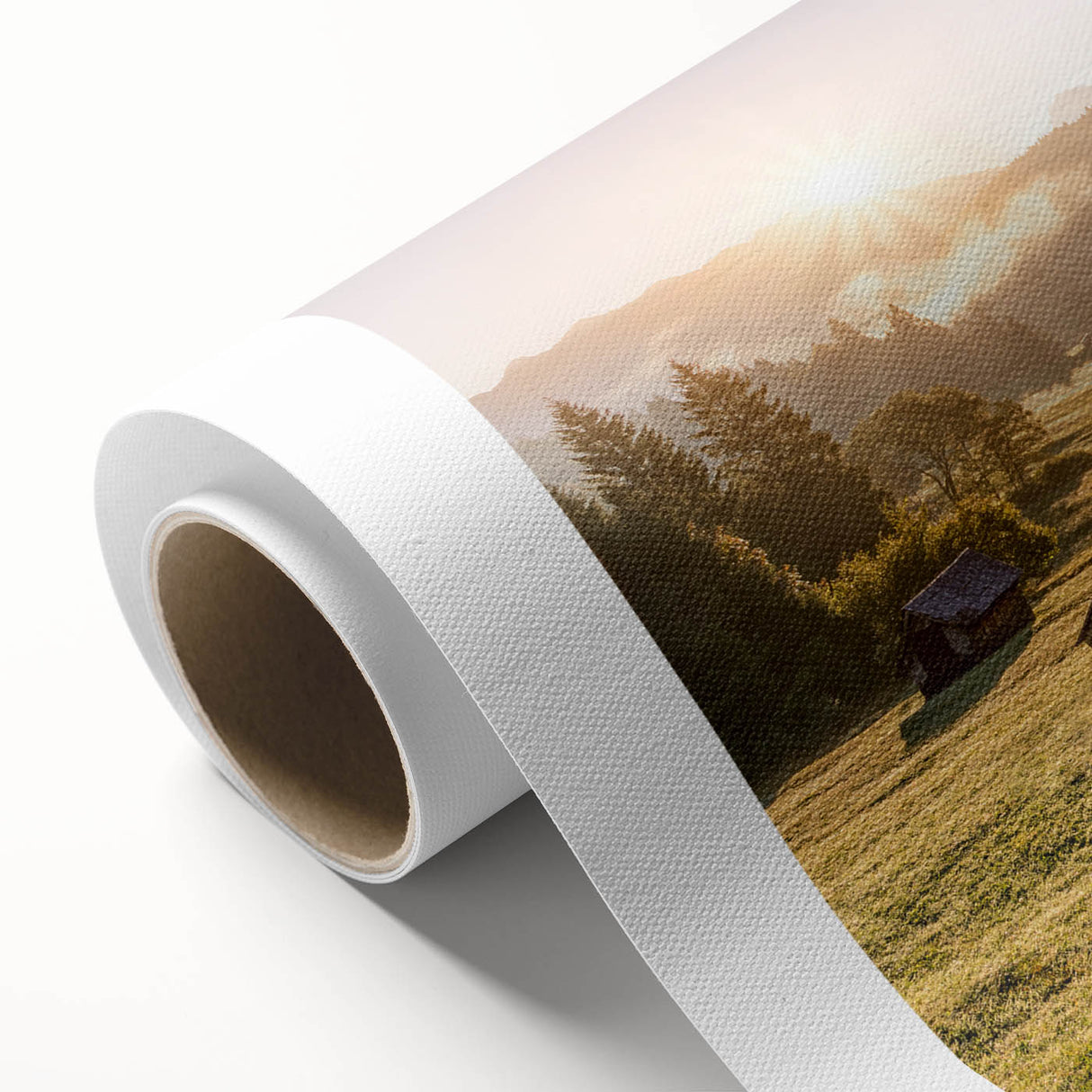 Art deco poster of Bavarian scenery on rolled canvas, featuring muted earth tones, ideal for nursery wall art.
