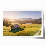 Rolled print of Bavarian scenery with lush green landscapes and vibrant blue skies, ideal for dining room wall art.