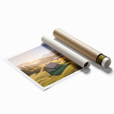 Extra large rolled print of Bavarian landscape with floral foreground in muted colors.