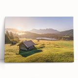 Black and white photo of Bavarian landscape on stretched canvas, ideal for kitchen wall art.