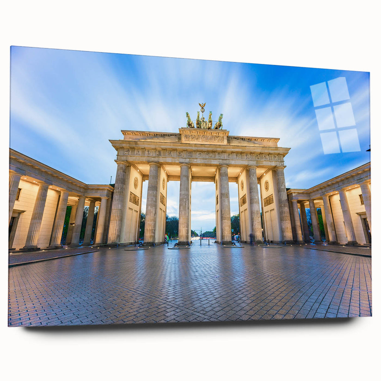 Large abstract wall art of Berlin skyline in muted gray and blue tones on acrylic glass.