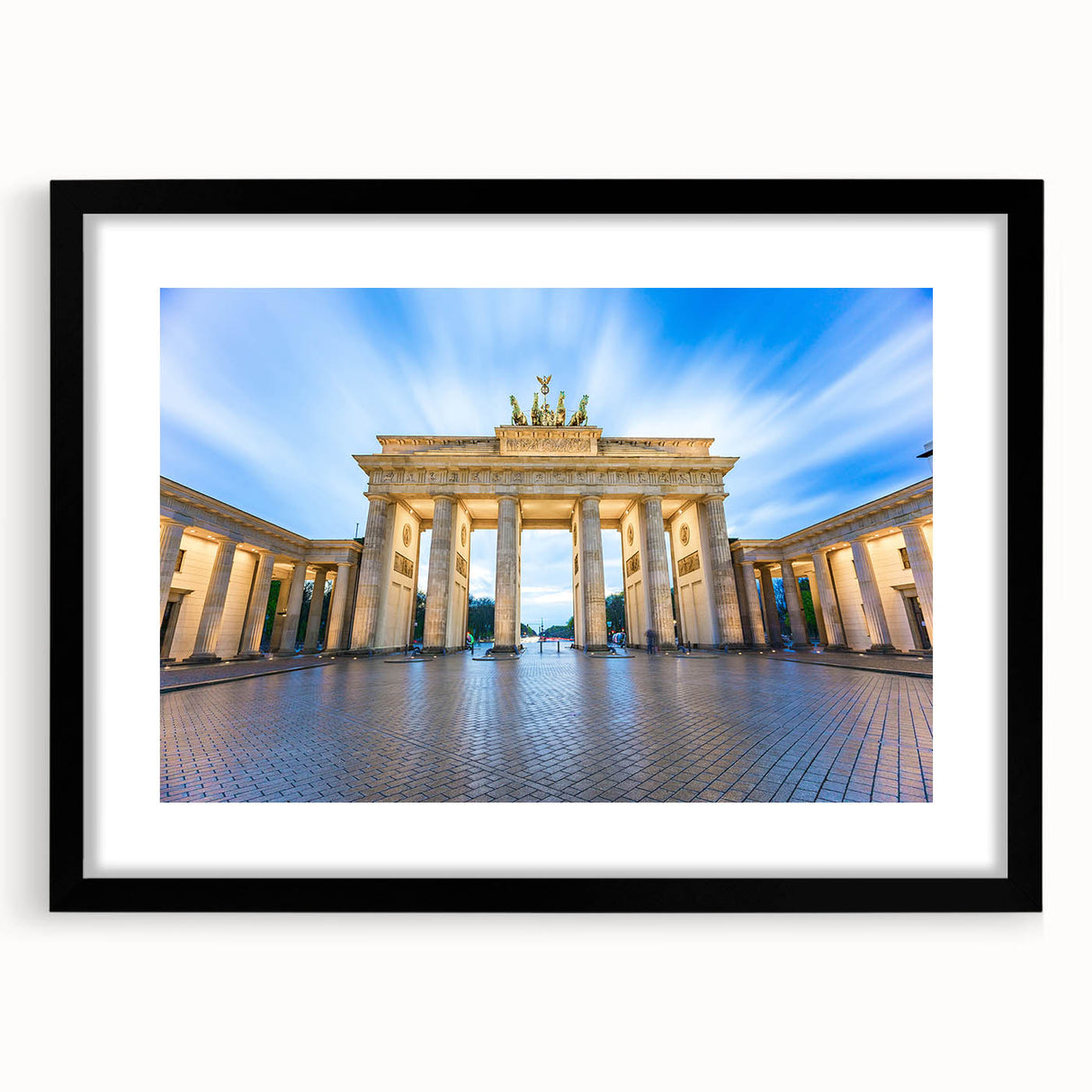 Extra large abstract art print of a colorful Berlin cityscape, textured on a framed black mat, ideal for living room decor.
