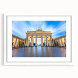 Textured abstract art print of Berlin skyline in muted gray and blue tones on a white-framed canvas, ideal for bedroom art.