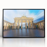 Large abstract wall art depicting Berlin's cityscape in muted gray and blue, framed in black acrylic.