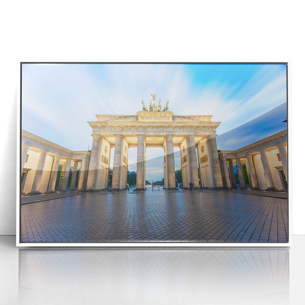 Mid-century modernist art depicting Berlin scenery in muted gray and blue tones on a framed acrylic print.