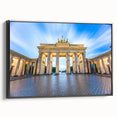 Black and white vintage poster art featuring the Berlin skyline on framed canvas, ideal for bedroom wall decor.