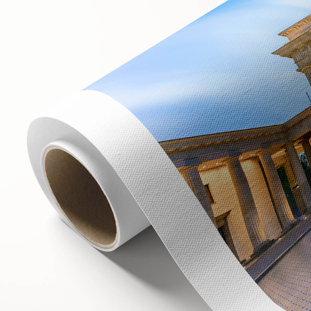 Art deco poster of Berlin skyline in pastel shades on rolled canvas, suitable for nursery wall art or dining room decor.