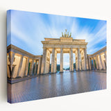 Berlin skyline in muted gray and blue tones on stretched canvas, suitable for kitchen wall art.