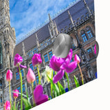 Large abstract wall art of Munich scenery in muted tones on acrylic glass, ideal for dining room ambiance.