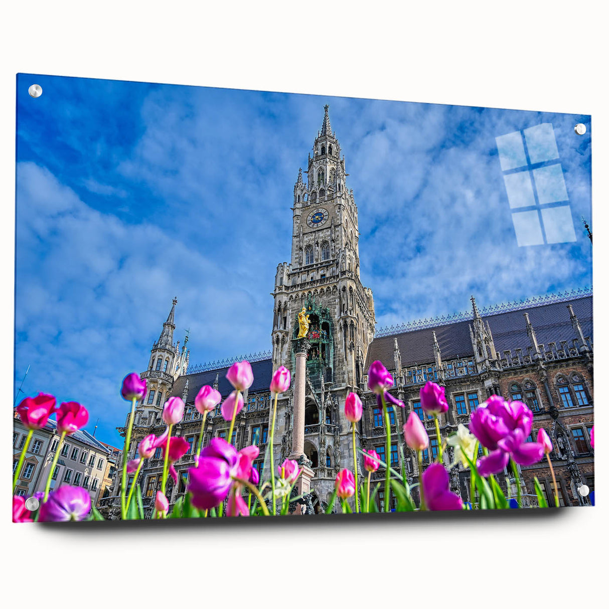 Large abstract depiction of Munich skyline in muted gray and blue on acrylic glass, ideal for dining room art.