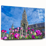 Large abstract depiction of Munich skyline in muted gray and blue on acrylic glass, ideal for dining room art.