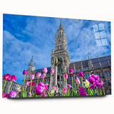 Large abstract wall art of Munich scenery in muted blue and gray tones on acrylic glass.