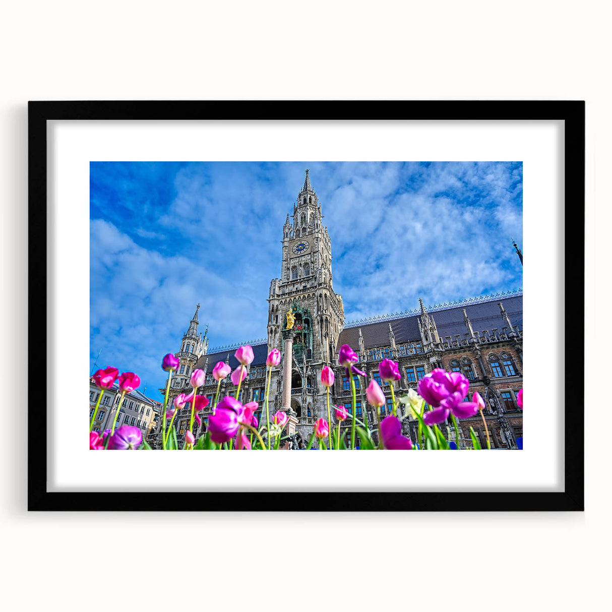 Abstract art print of a colorful Munich cityscape, with textured details on a large framed canvas.