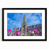 Abstract art print of a colorful Munich cityscape, with textured details on a large framed canvas.