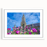 Textured abstract art print depicting a muted color scene of Munich, framed in white, ideal for bedroom wall decor.