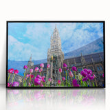 Large abstract wall art depicting a stylized Munich cityscape in muted gray tones on a framed acrylic.