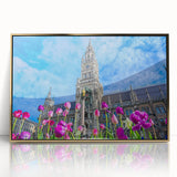 Acrylic print of Munich skyline in art deco style with gold frame, ideal for modern art wall decor.