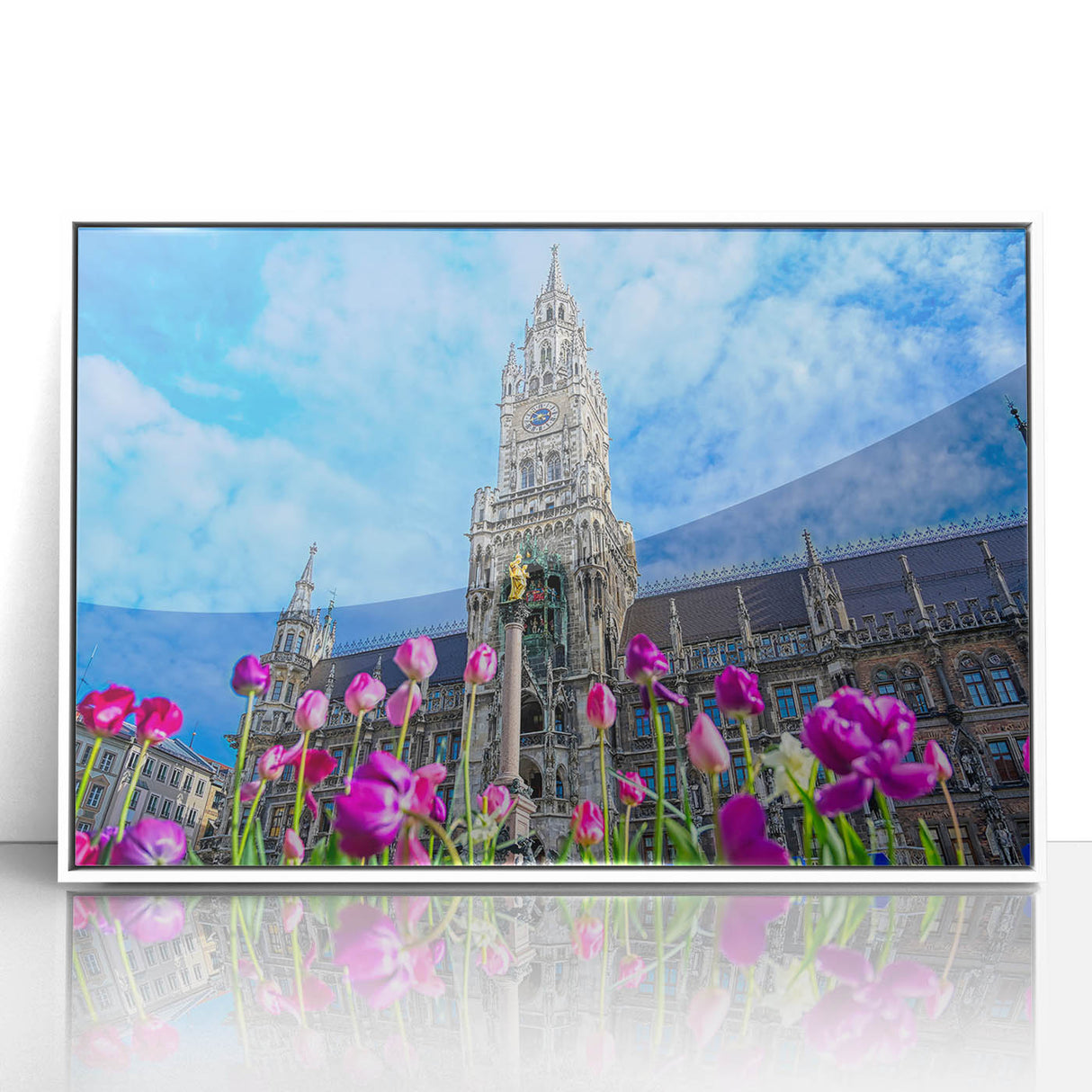 Mid-century modernist art of Munich skyline in muted blue tones, acrylic print, ideal for nursery wall art.