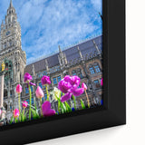Extra large framed canvas featuring a black textured Munich skyline with colorful art accents, ideal for living room decor.