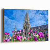 Framed canvas of a vintage Munich landscape in black and gold tones, ideal for bedroom wall art.
