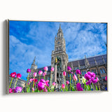 Framed canvas of a vintage Munich landscape painting with colorful details on a black background.