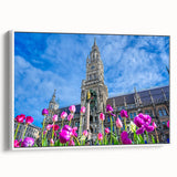 Vintage poster art of Munich scenery on extra large framed canvas, featuring colorful art on black background.