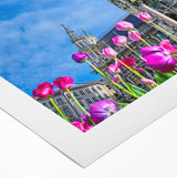 Art deco poster of Munich skyline in muted blue and gray tones on rolled canvas, suitable for dining room wall art.