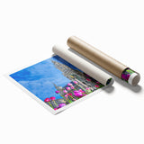 Extra large rolled print of a Munich cityscape featuring muted floral designs, perfect for classy bathroom wall art.