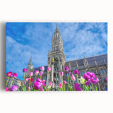 Black and white photograph of Munich skyline on stretched canvas, ideal for kitchen wall art or bedroom.