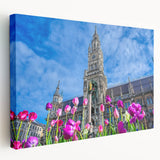 Large stretched canvas depicting a serene Munich cityscape in muted earth tones, suitable for kitchen wall art.