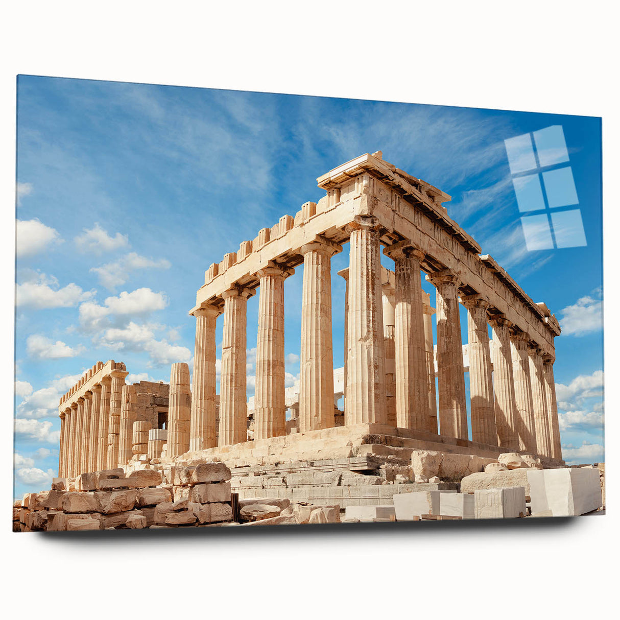 Large abstract wall art of Athens' skyline, in muted earth tones on acrylic glass, suitable for bedroom or dining room decor.
