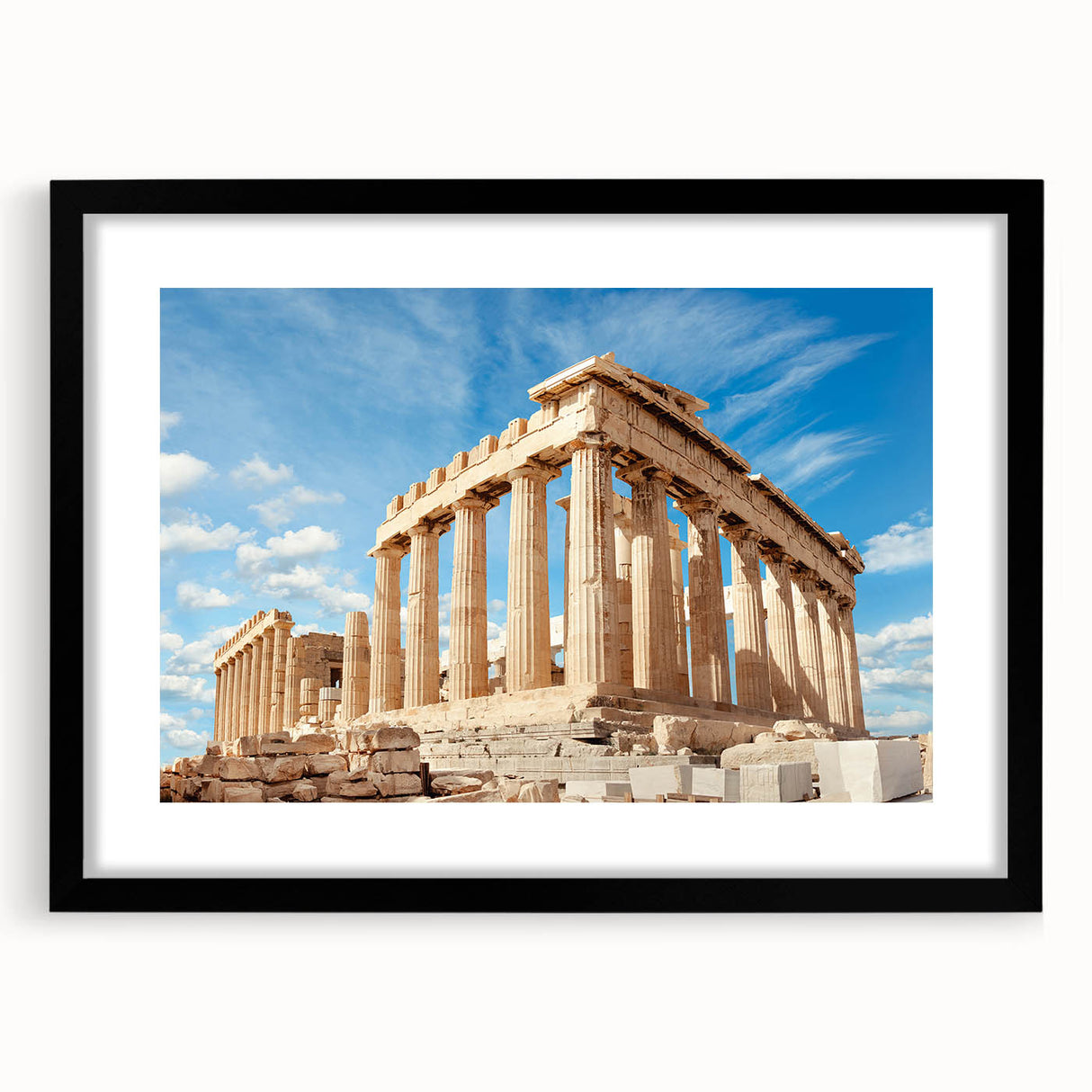Colorful abstract art print of Athens scenery in vibrant hues on a large textured canvas, ideal for living room decor.